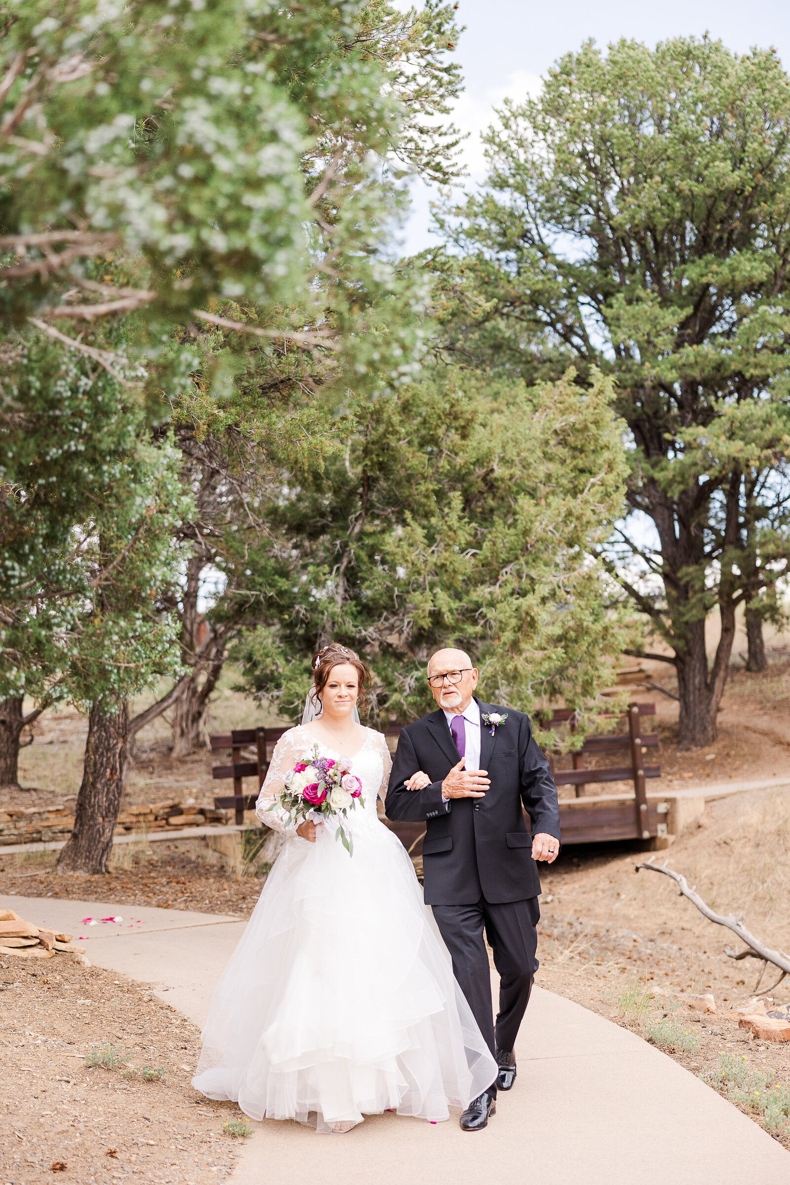 Beautiful moment of a father walking his little girl down the isle at her Ridgway State park Wedding