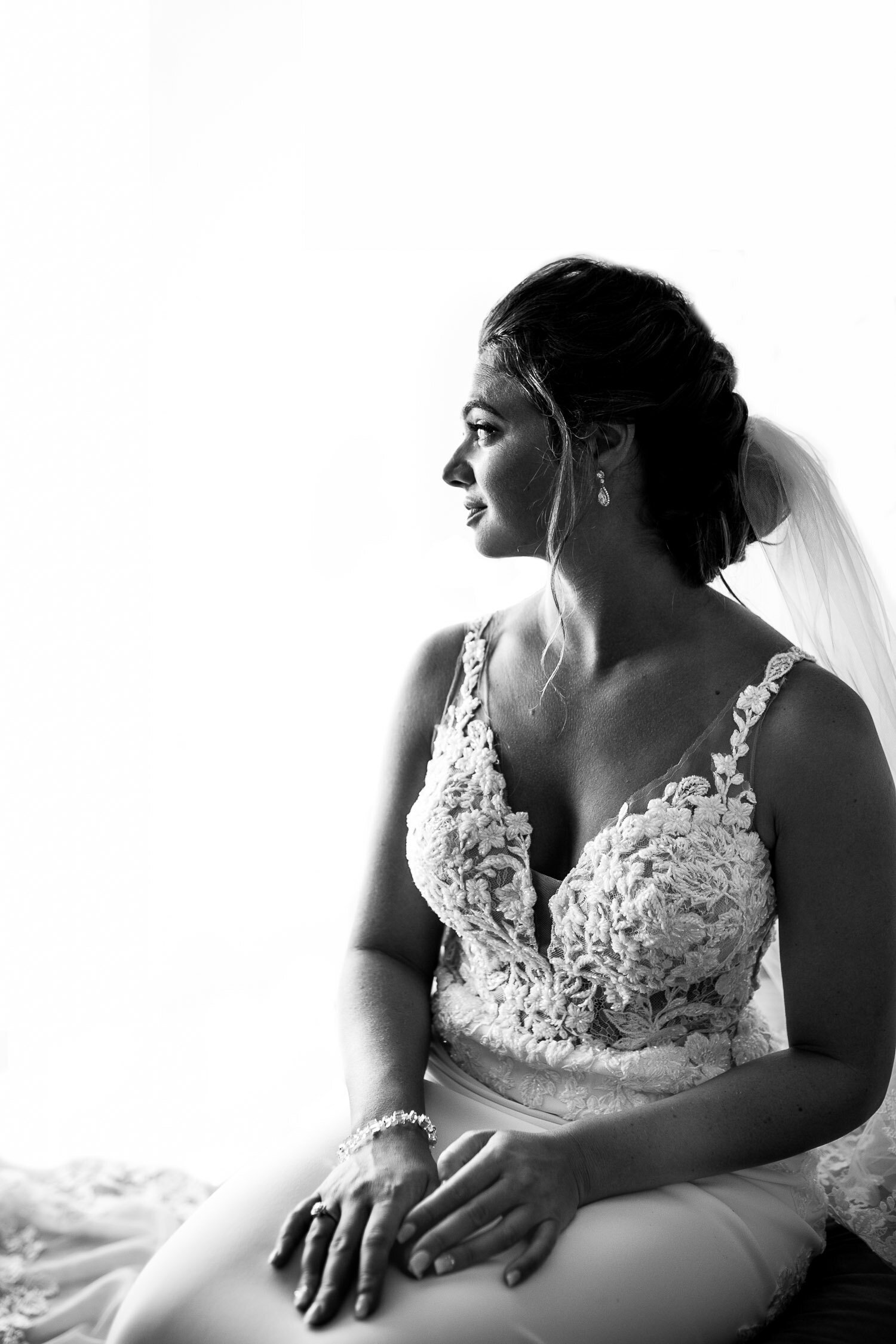 Bridal portrait of bride in wedding dress and veil..