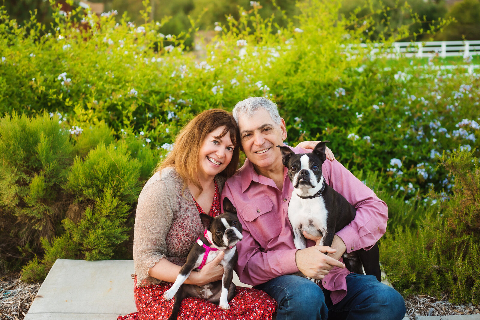 Family Photographer, a man and woman sit beside each other with their two french bull dogs