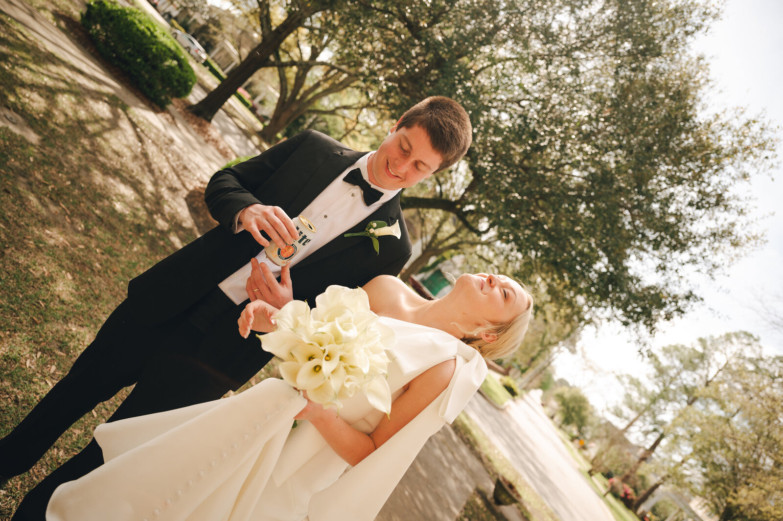 Bride and groom laughing together