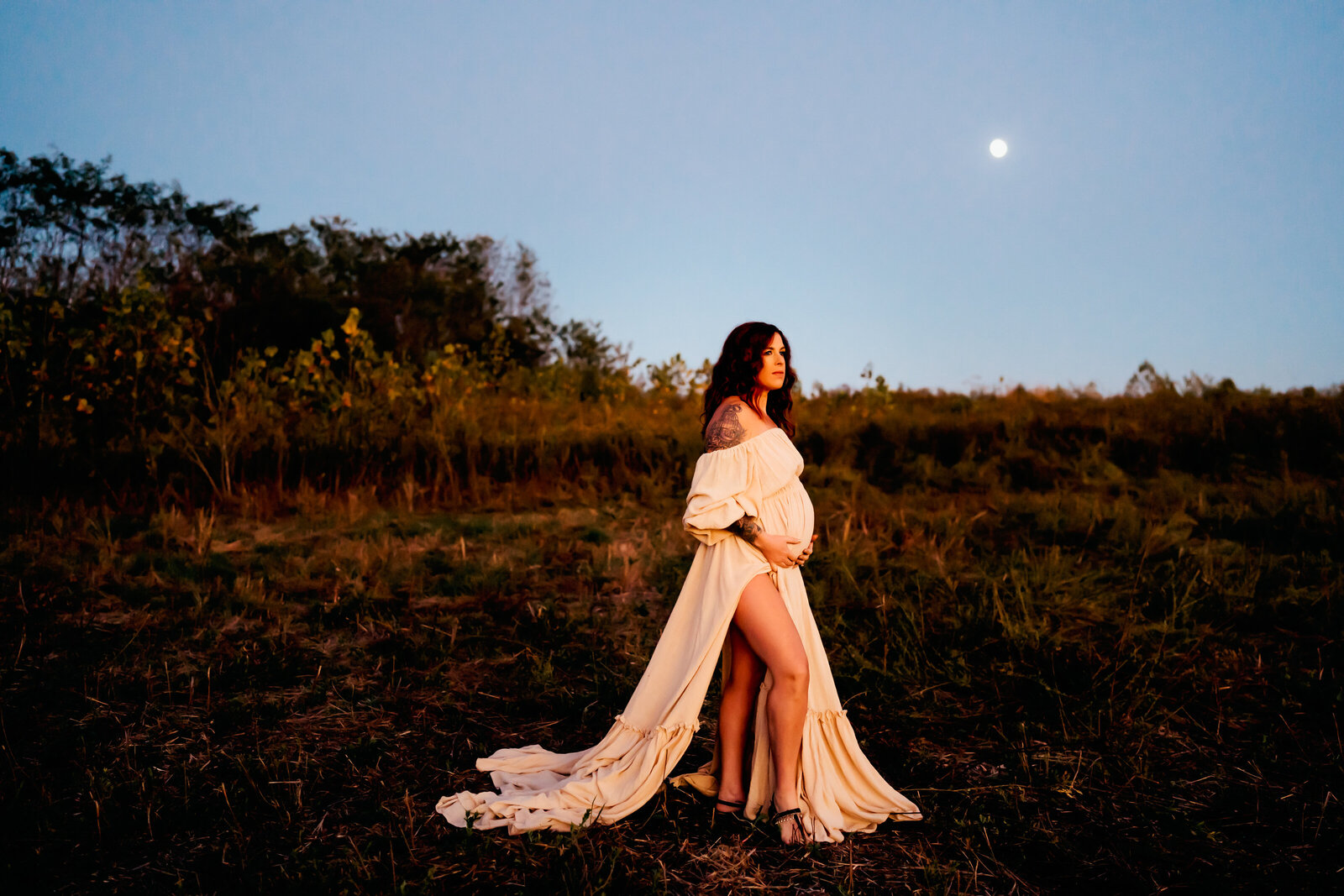 mom wearing long gown  while pregnant