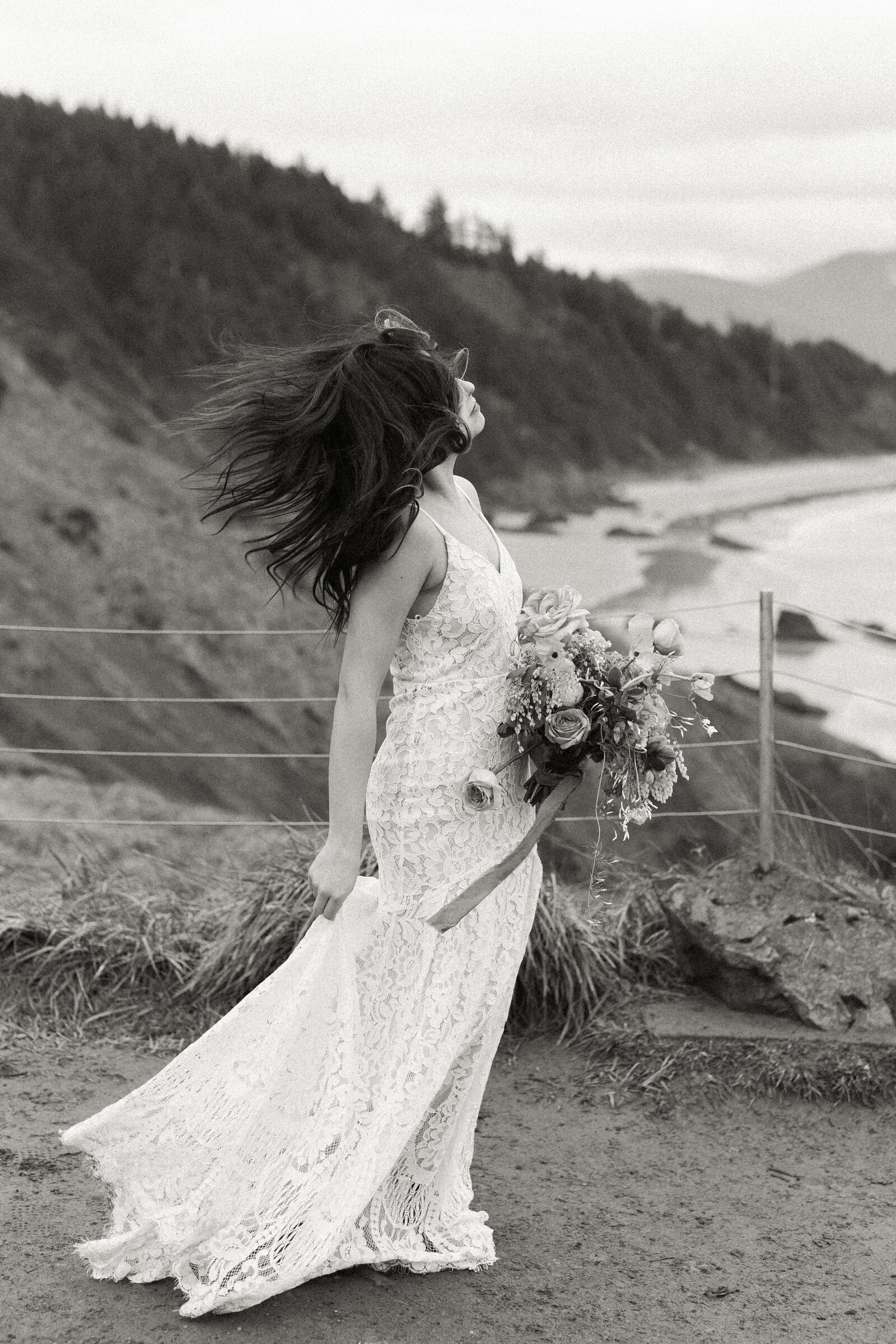 Bride's hair is blown away by the wind and creates movement