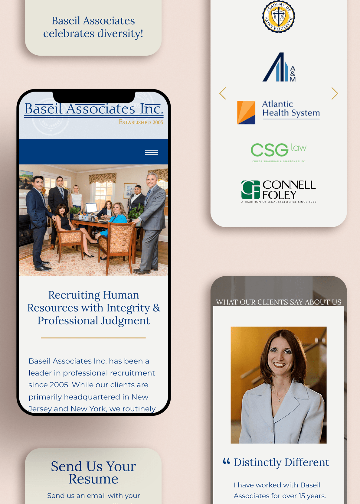 Mockups of Baseil Associates, Inc.'s website on mobile, featuring a classic layout with professional branding for a recruiting firm.