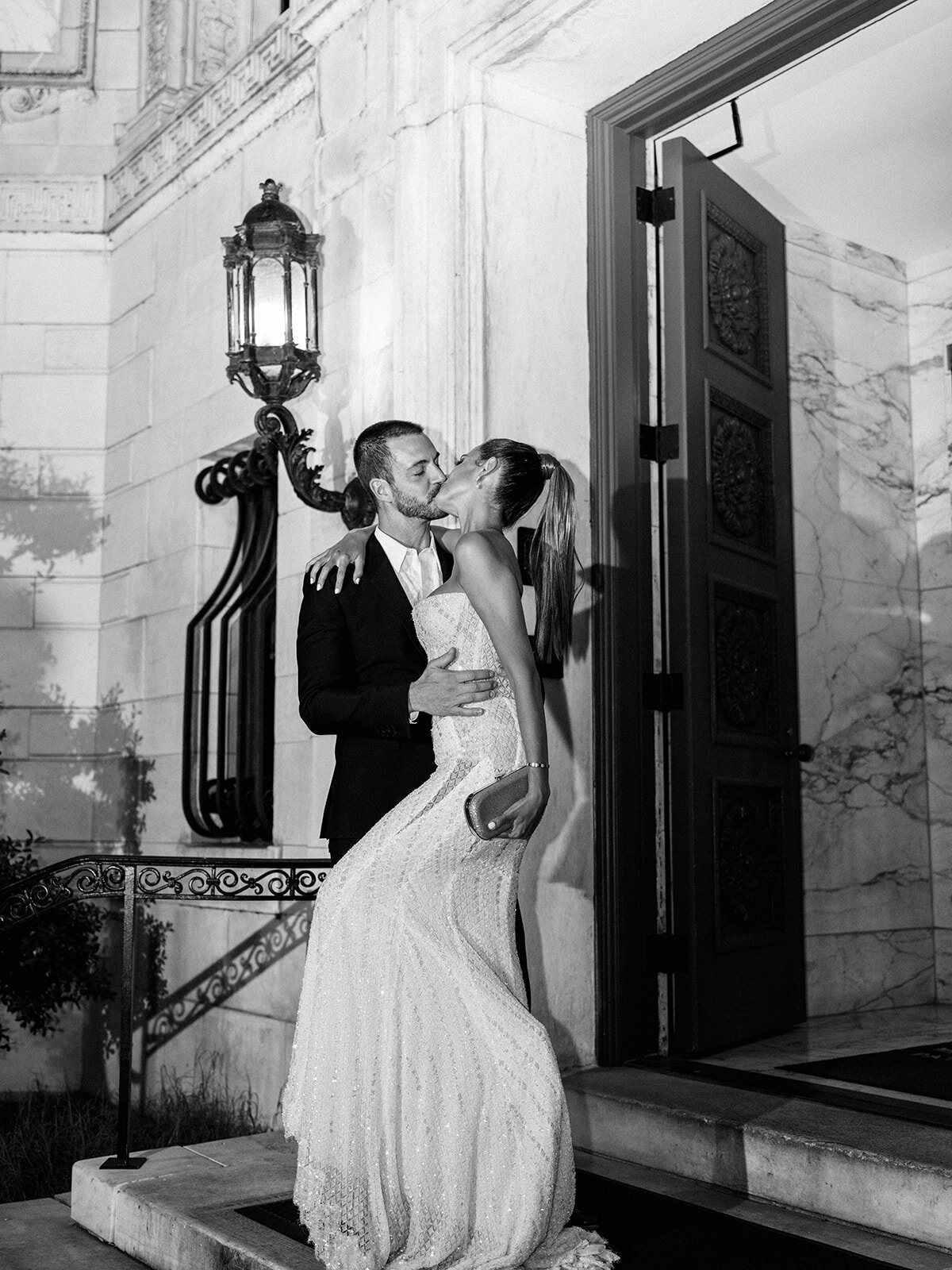 Patterson House wedding exit captured in black and white