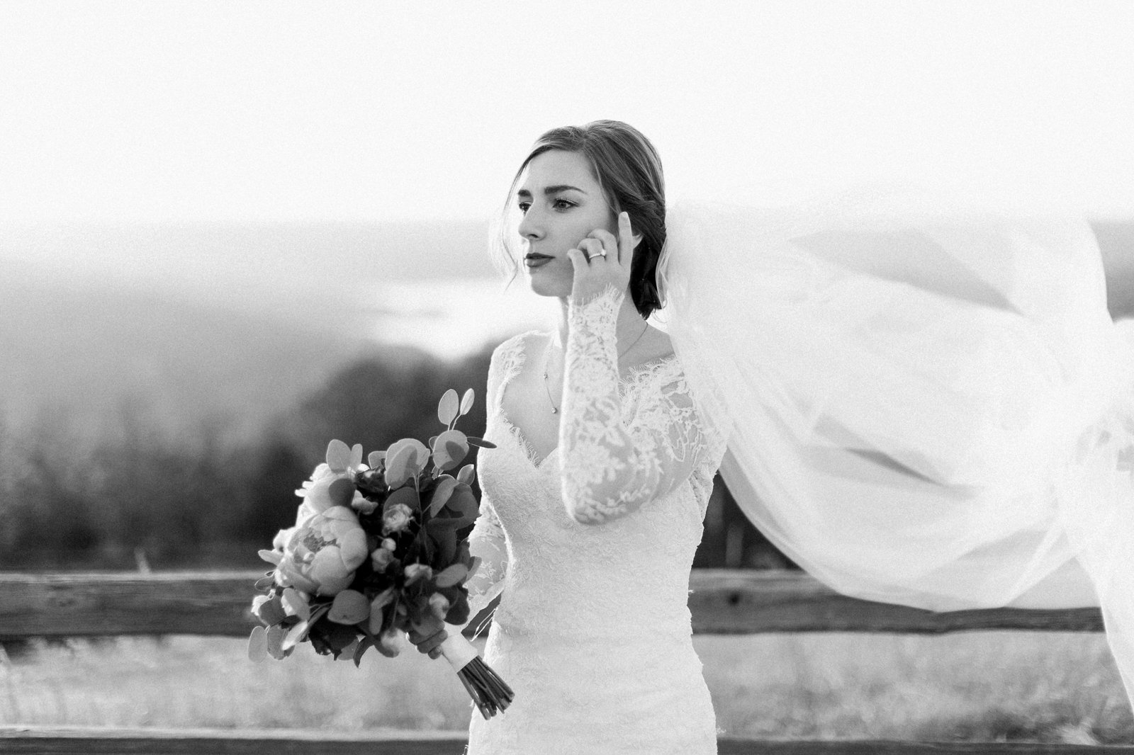 bridal portrait with table rock lake sunset