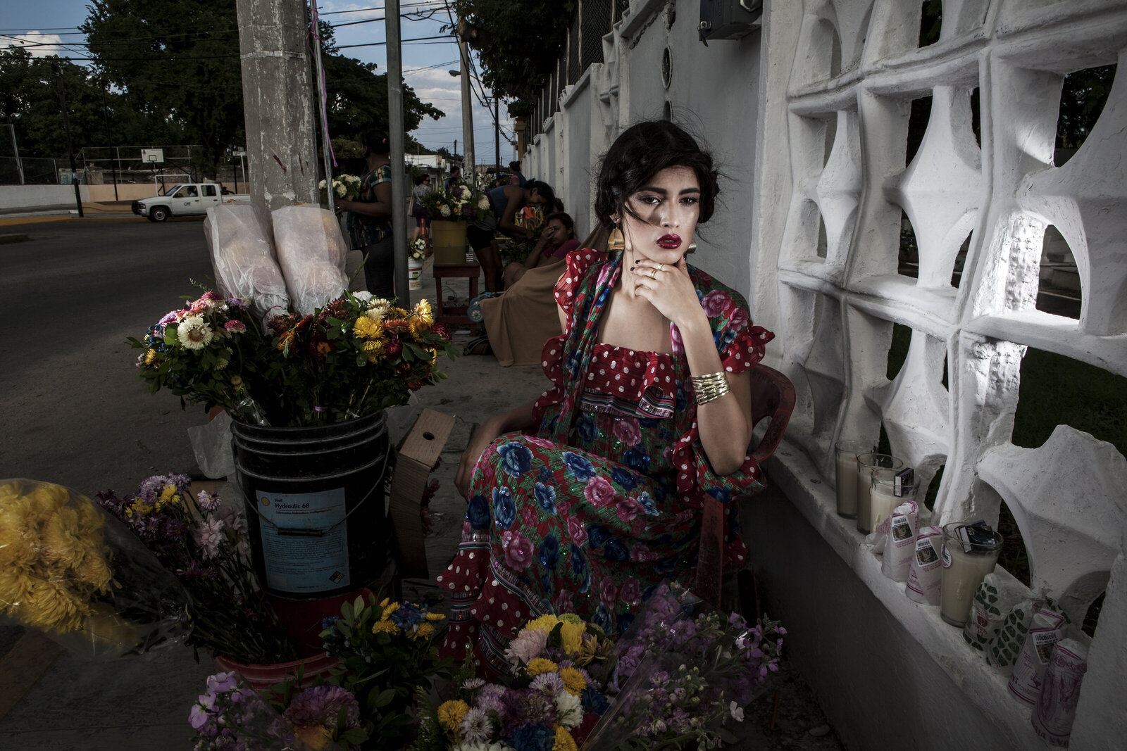 Makeup for a model in Mexico at a street fair