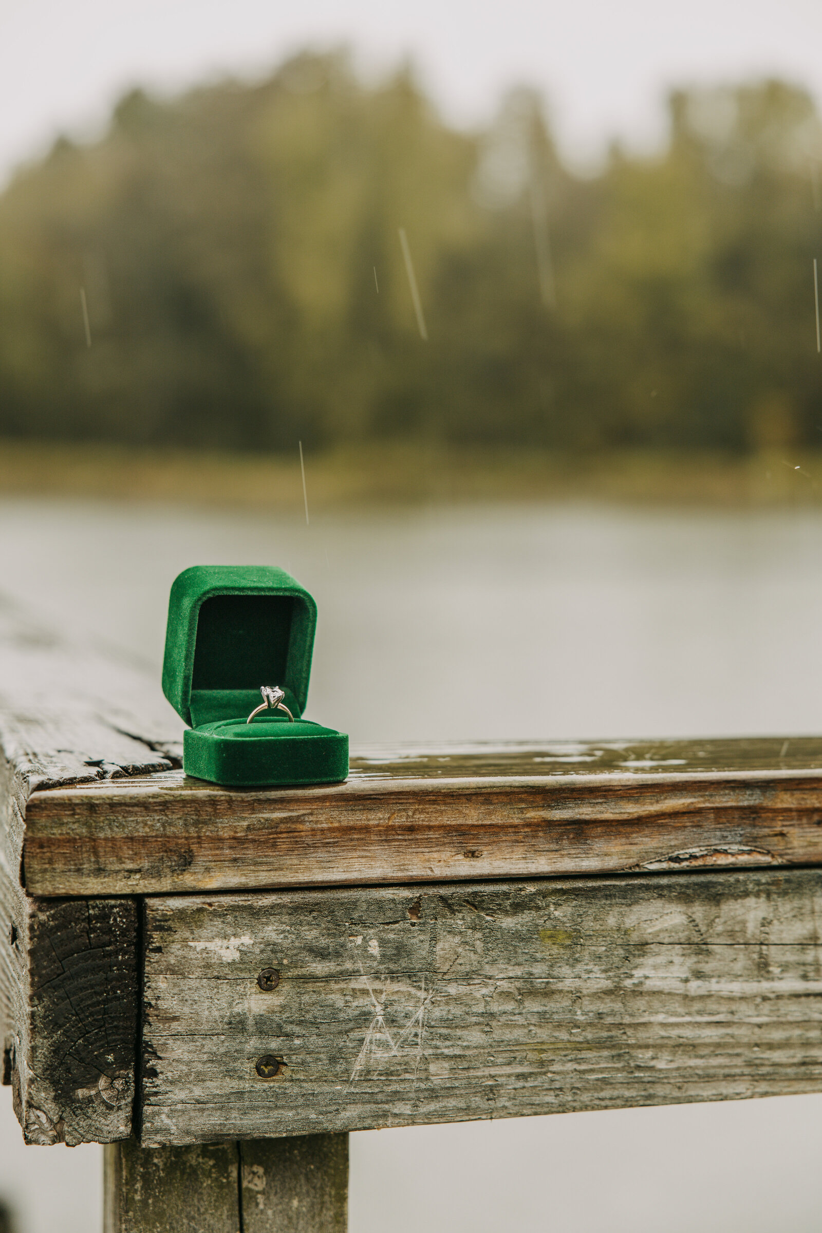 Engagement ring in a green velvet box sitting on the railing over a pond at Shelby Farms Park, with rain falling.