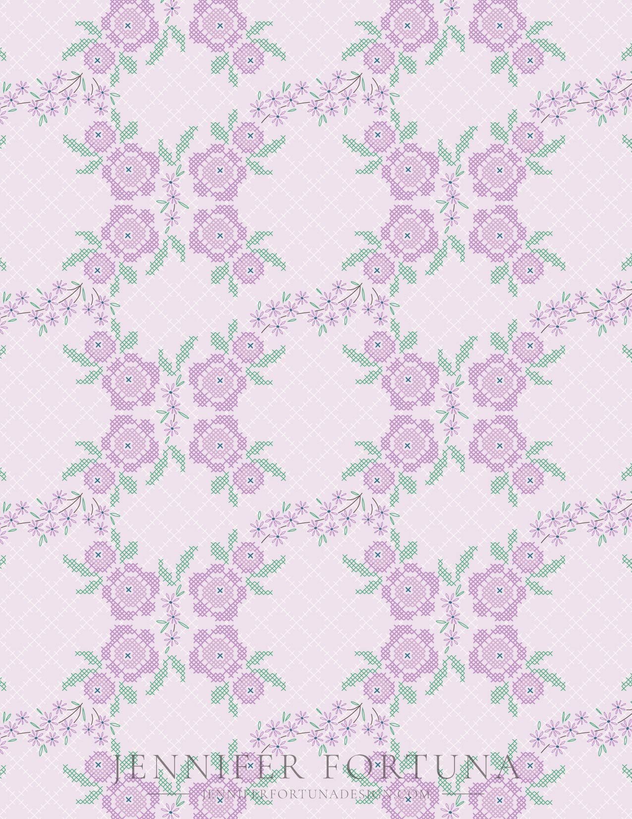 Cross stitched floral design of flowers with trellis background