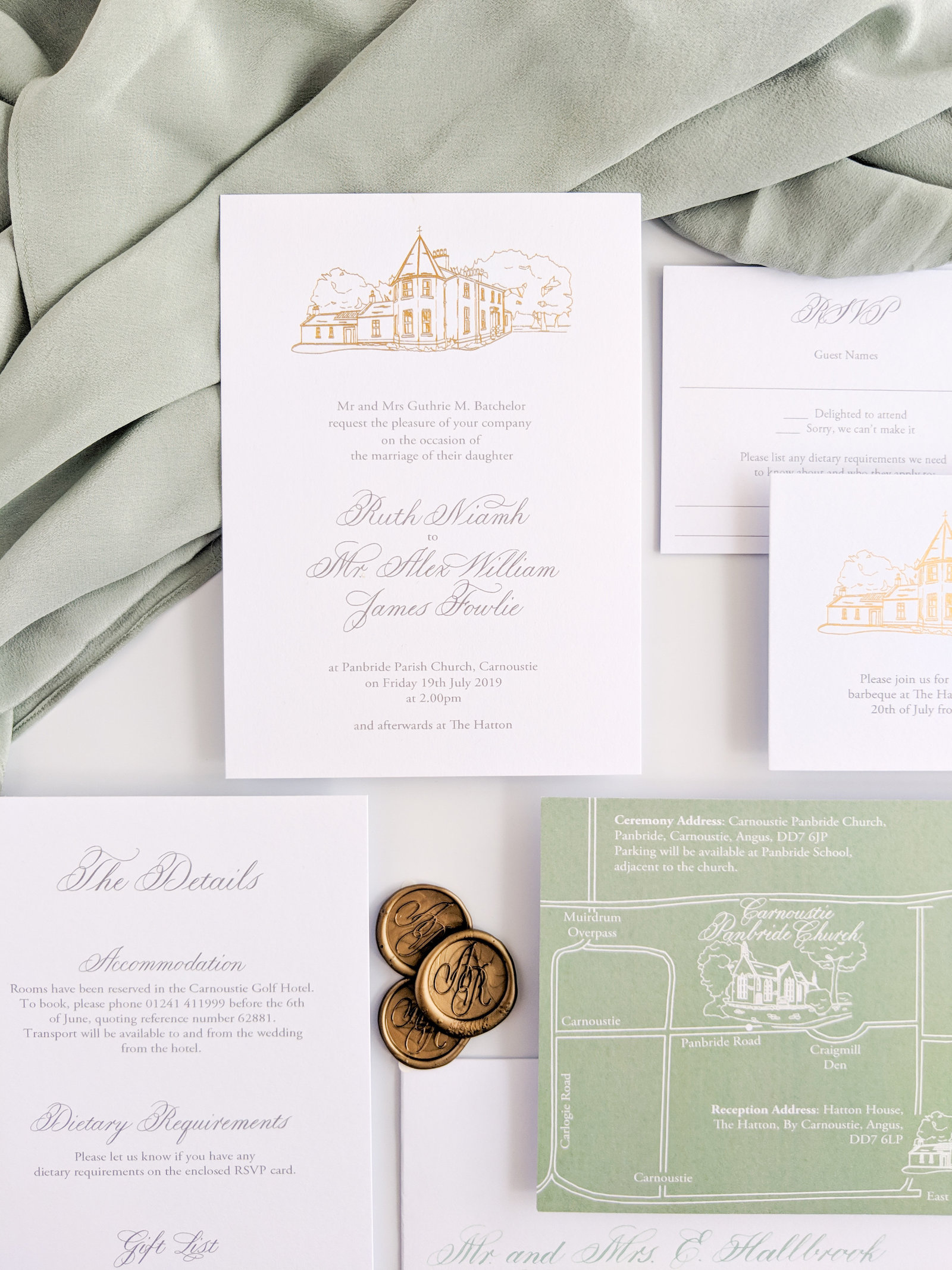 Wedding invitations with gold and green