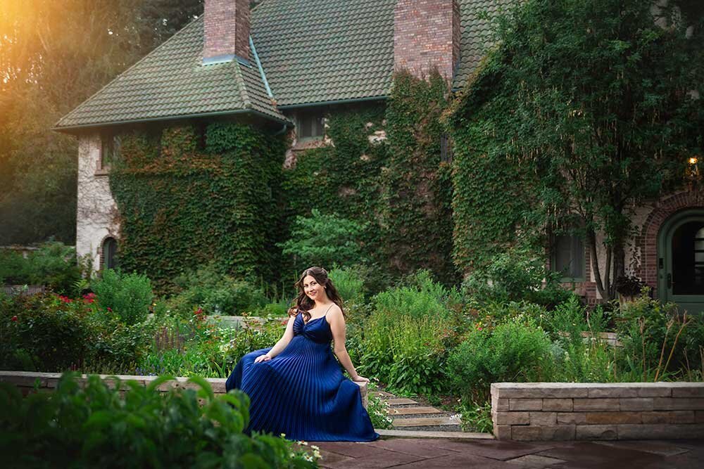 fairytale-senior-high-school-sapphire-dress-landscape-portrait-flower-garden-mansion-Denver-botanical-gardens-wall-art-museum-canvas