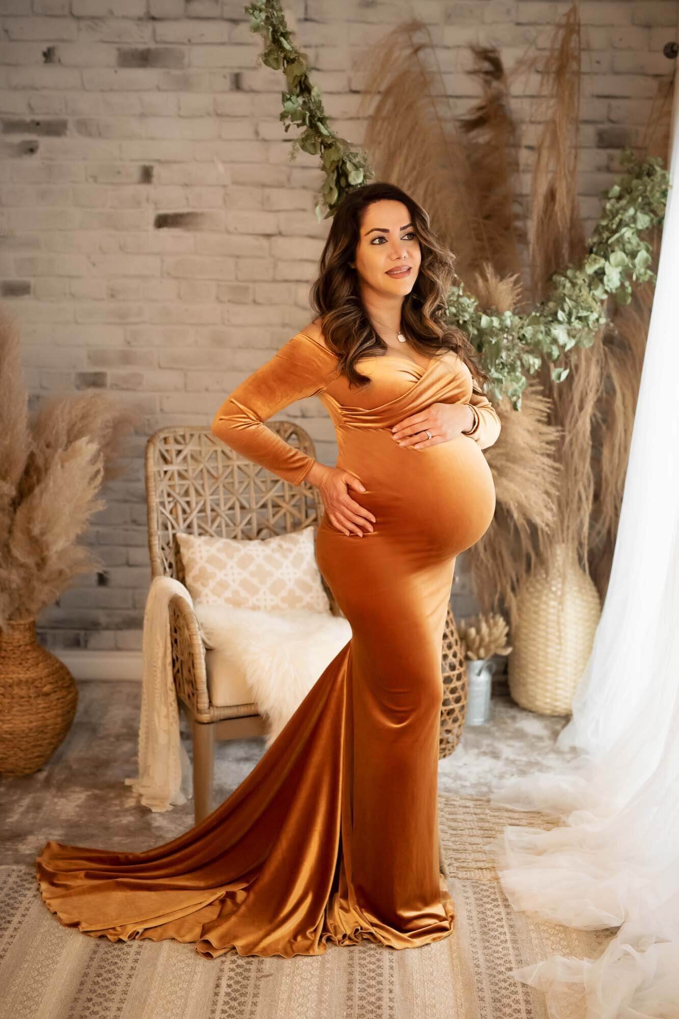 Maternity photography gown velvet rust colour
