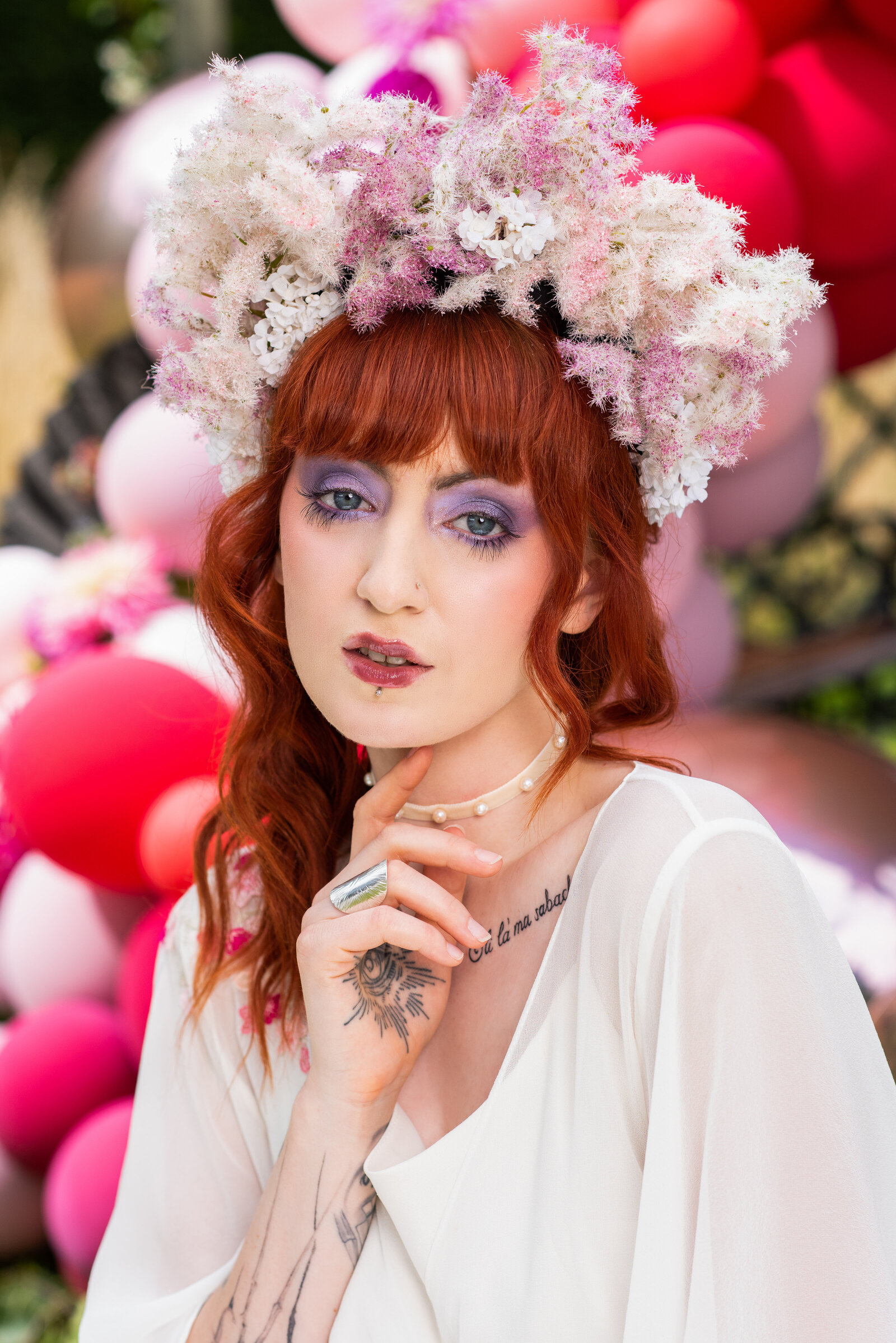 Ginger hair alternative punk bride flowers on head