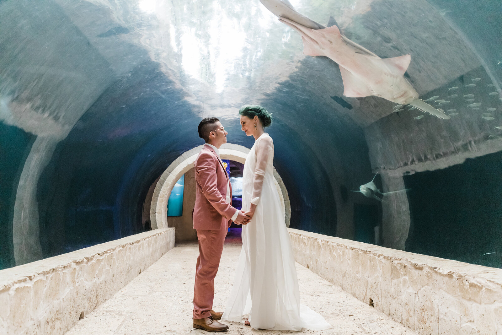A bride and groom look at each other and hold hands in the shark tunnel at the Dallas World Aquarium. The groom is in a salmon pink suit, and the bride has green hair and is wearing a jumpsuit and bridal jacket that also is a cape. There is a shark swimming above their heads along with a school of fish.