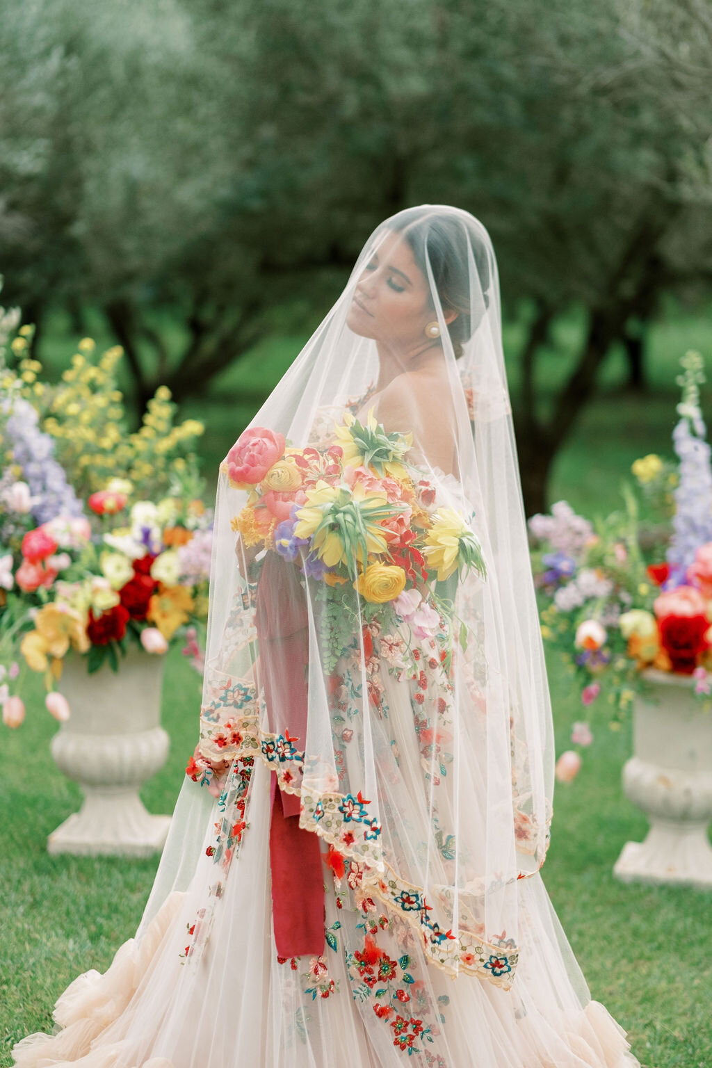 A wedding dress with colored lace
