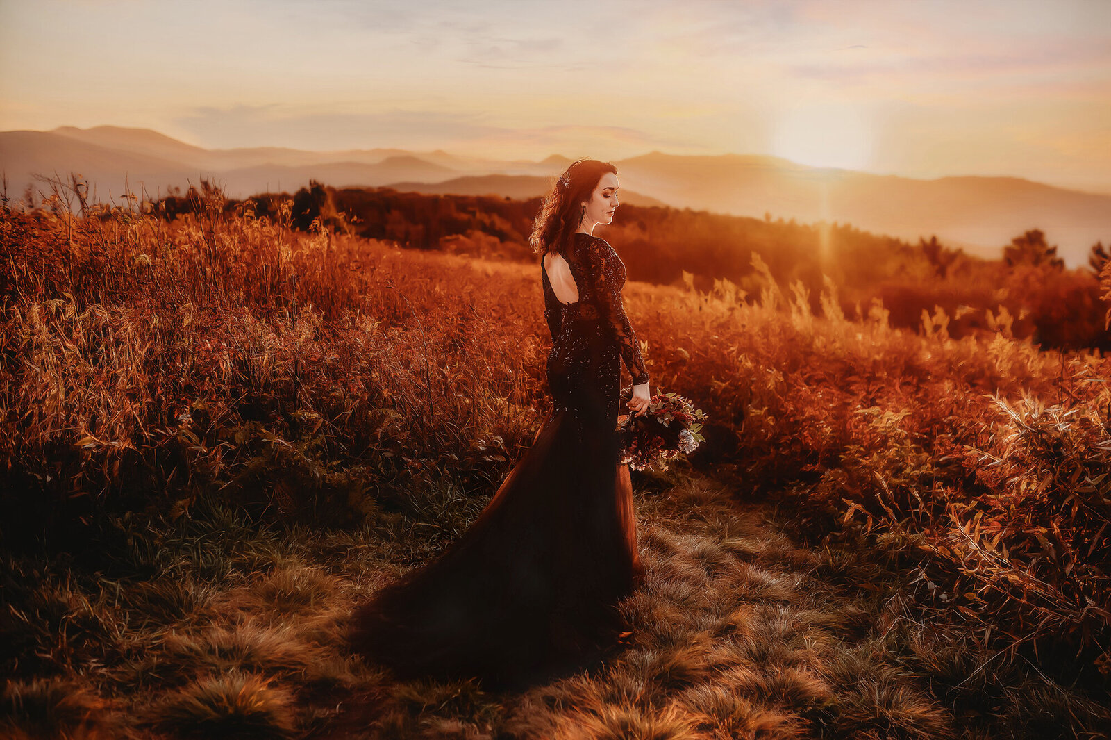 Bride poses for Bridal Portraits on a Mountain Top in Asheville, NC.