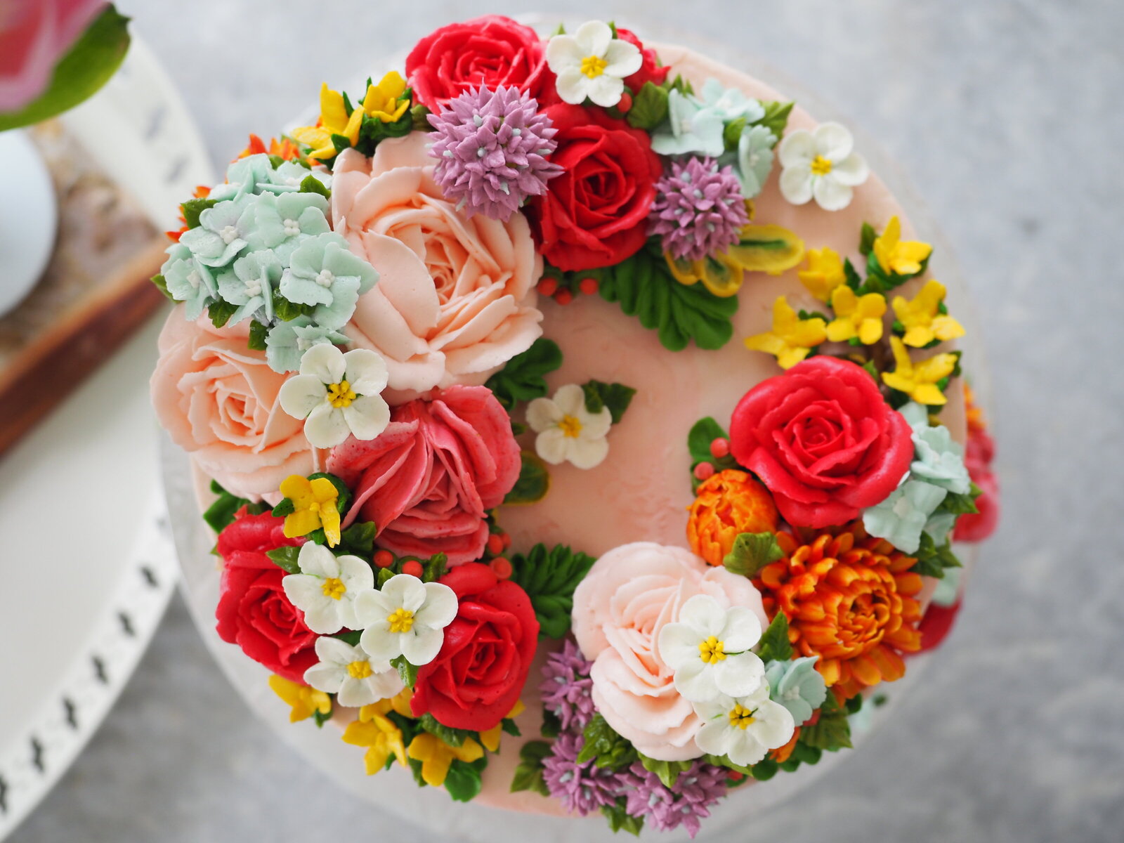 Top view of a floral buttercream flower cake
