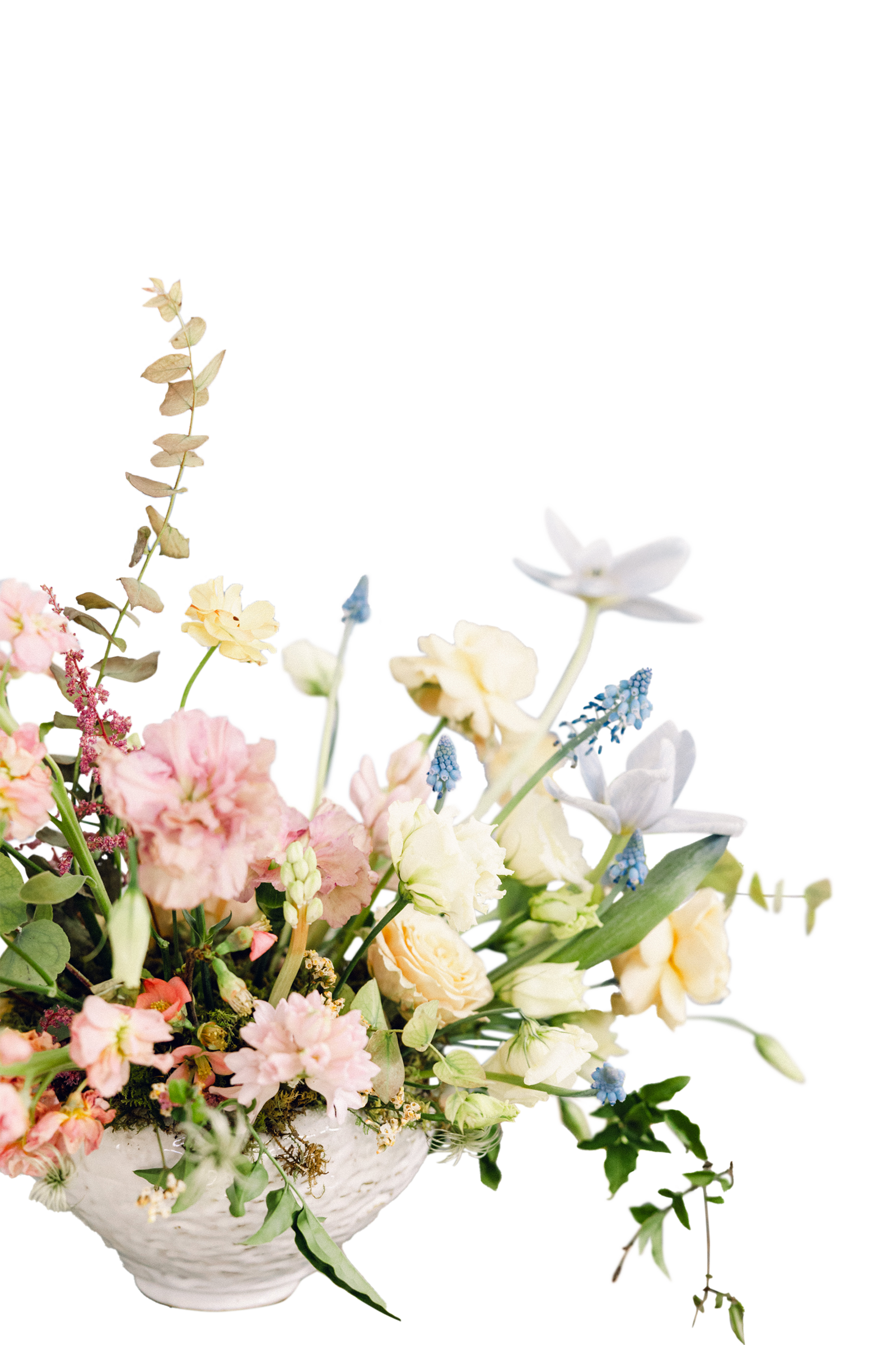 White vase with pastel flowers on a black background.