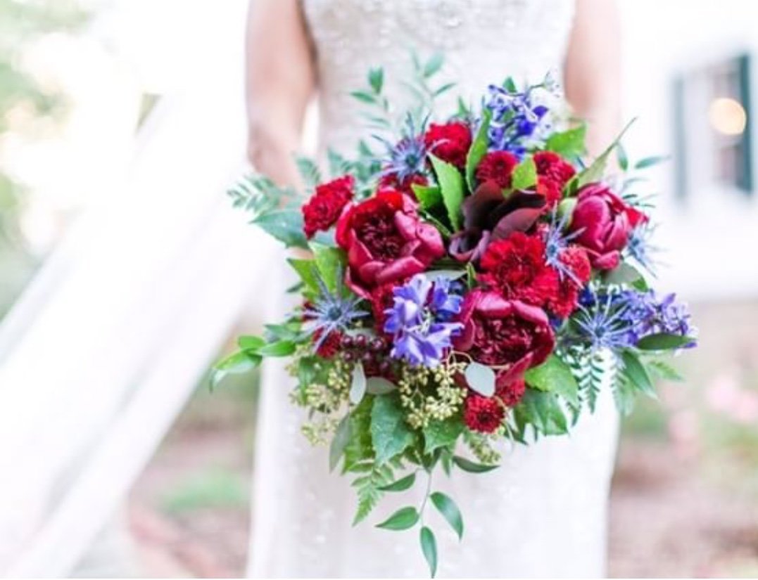 Rustic bouquet with peonies and delphinium  for garden wedding