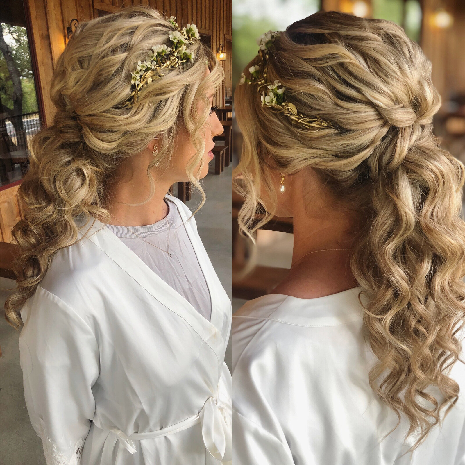 Woman with wavy, styled blonde hair and floral accessories, wearing a white dress, shown from the back and side, showcasing effortless wedding hairstyles. Her look captures modern bridal makeup trends with an editorial flair.