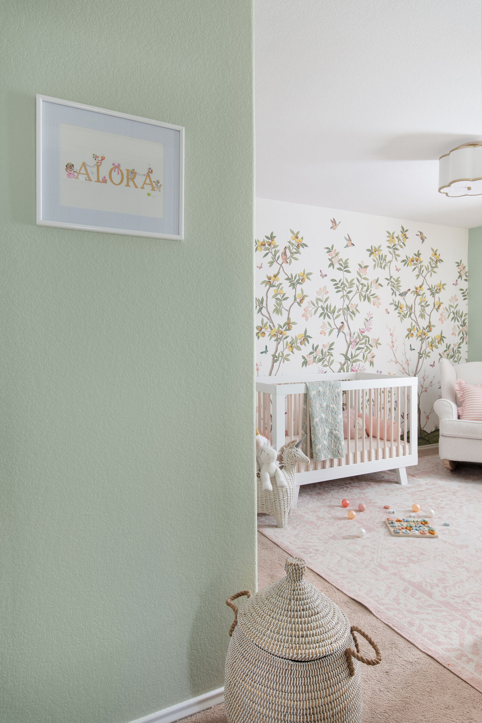 Nuela Designs Sage and Chinoiserie Girl Nursery Bedroom