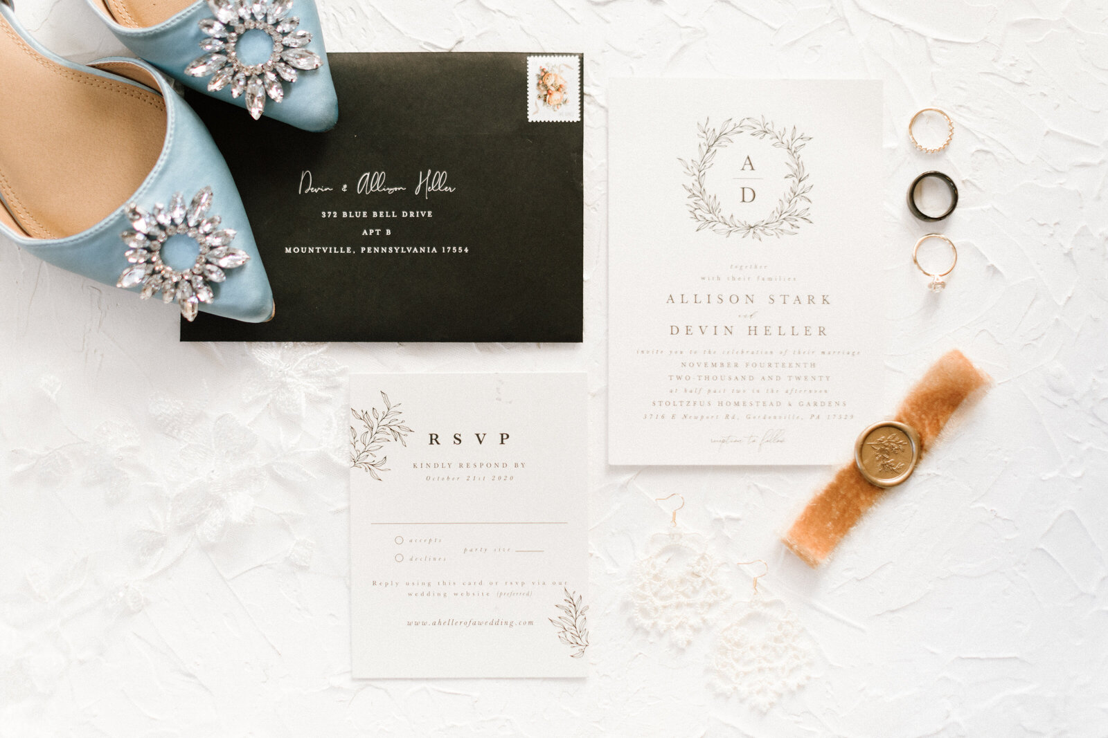 Wedding Photography Pittsburgh Something Blue Wedding Shoes Invitation Suite Flat Lay Pictures Washington Editorial Photographers Washington D.C.