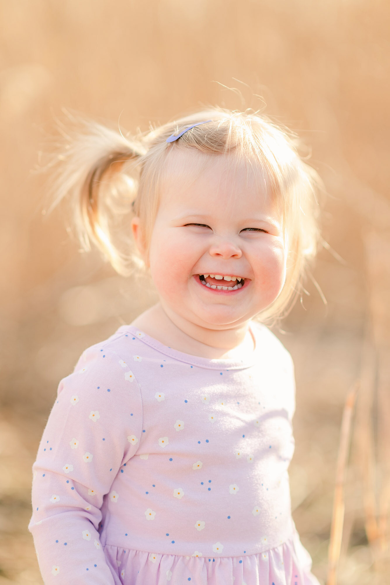 Toddler girl in a pink dress with pigtails smiling in a field of yellow grass