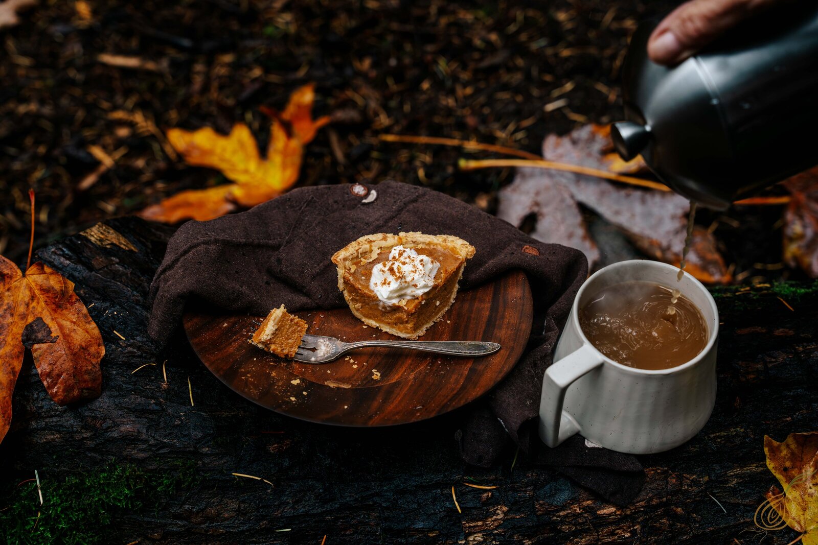 A cozy fall scene featuring a slice of pumpkin pie and a cup of coffee, evoking the essence of autumn.