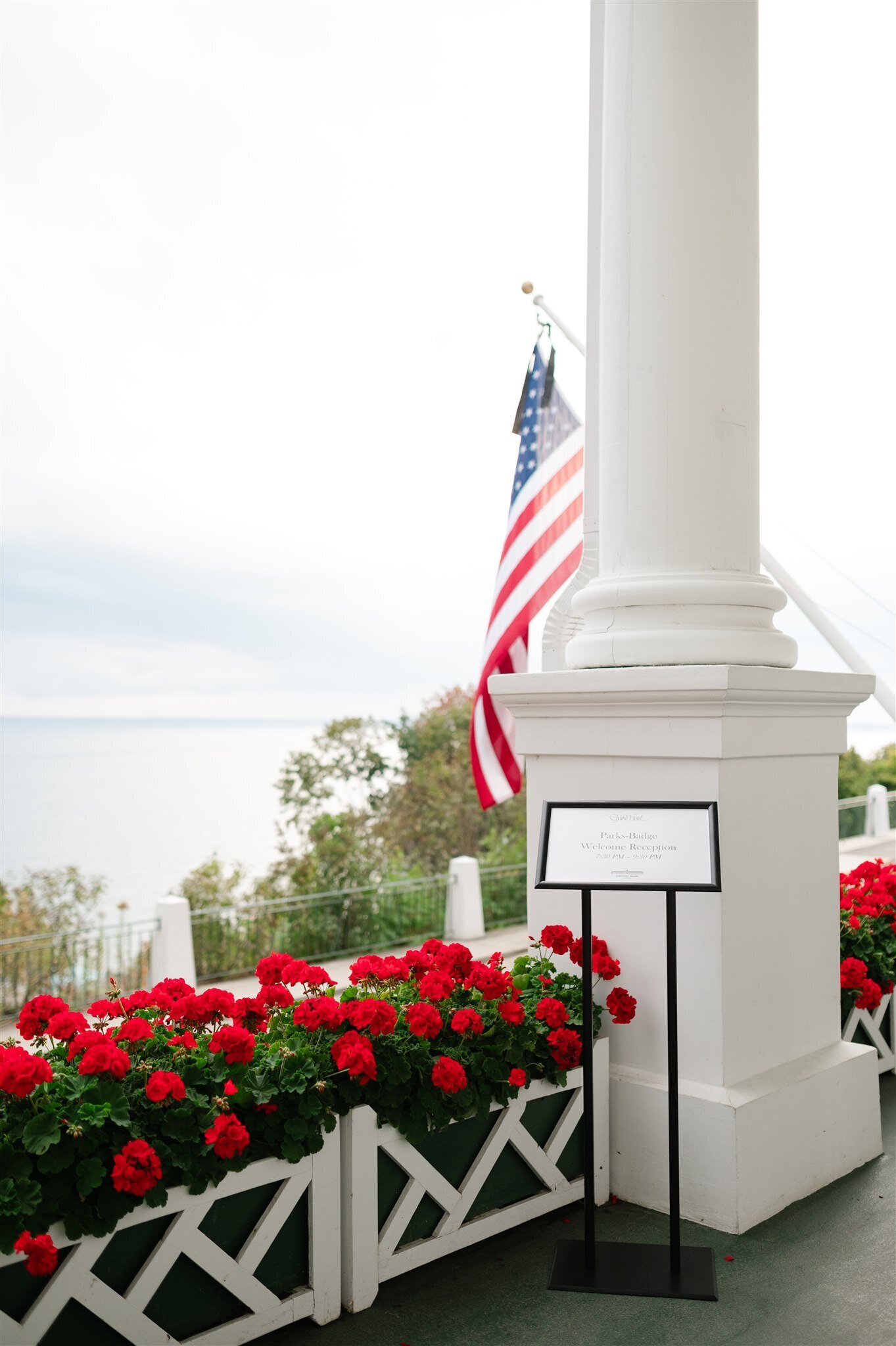 Welcome sign on the front porch of the grand hotel