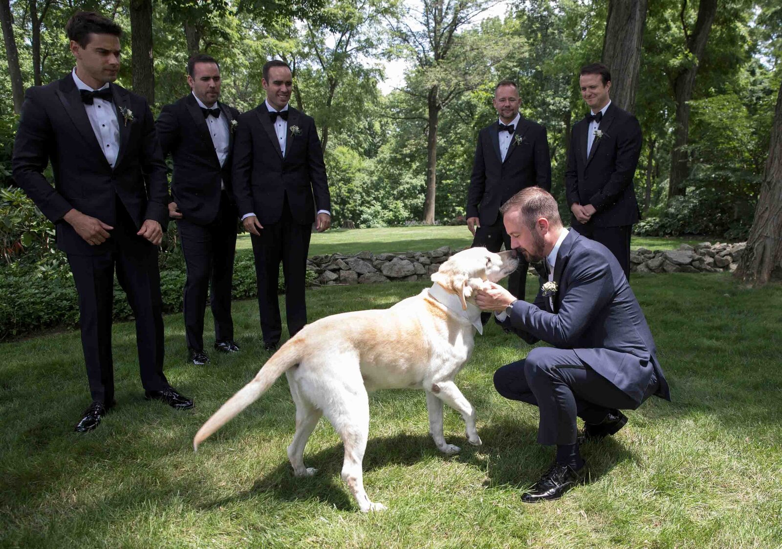 Groom with his groomsmen and labrador retriever ring barer Private Estate Wedding New Hope Pennsylvania 