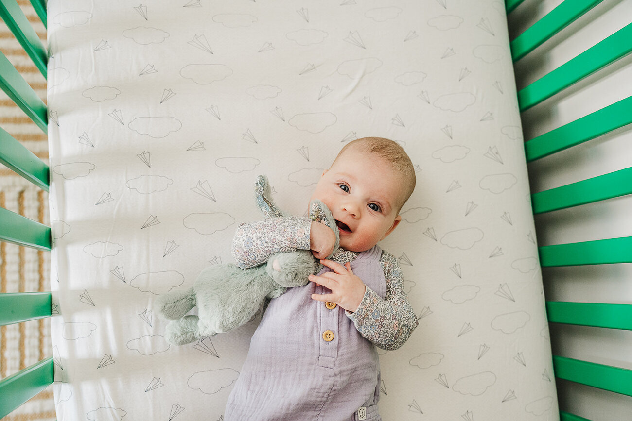 baby in purple outfit clutches stuffed animal and smiles at camera from green crib