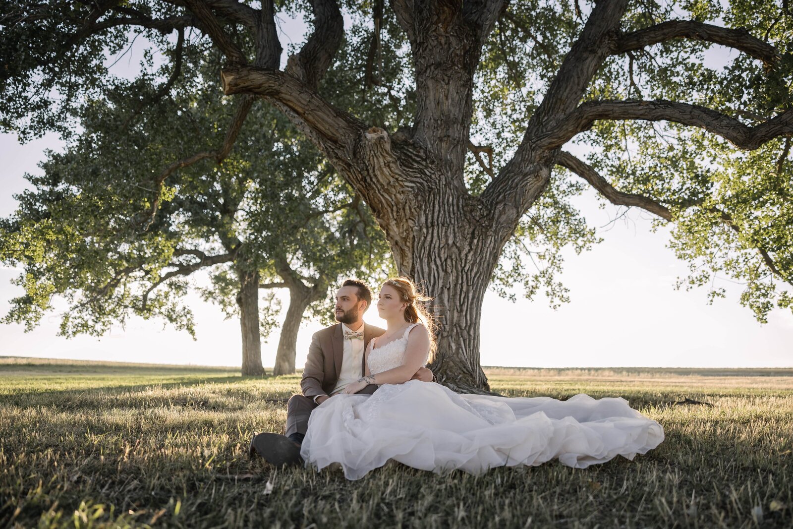 bride and groom watching the sunset