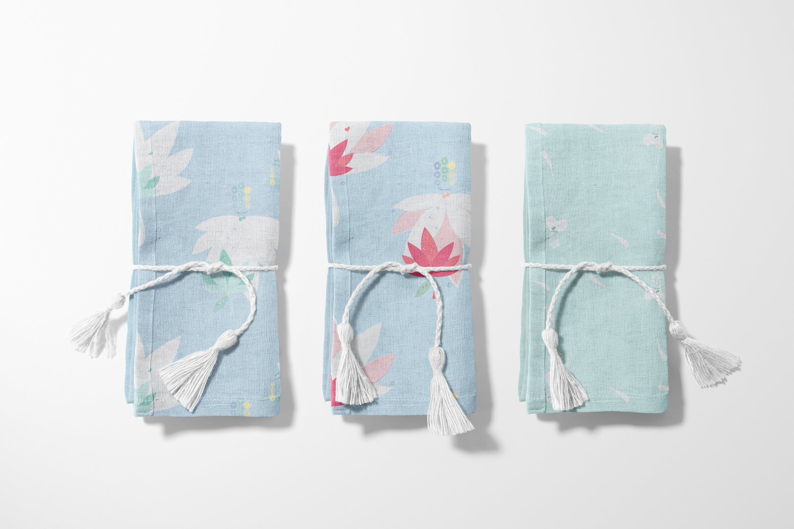 blue, white, and pink patterned fabric napkins