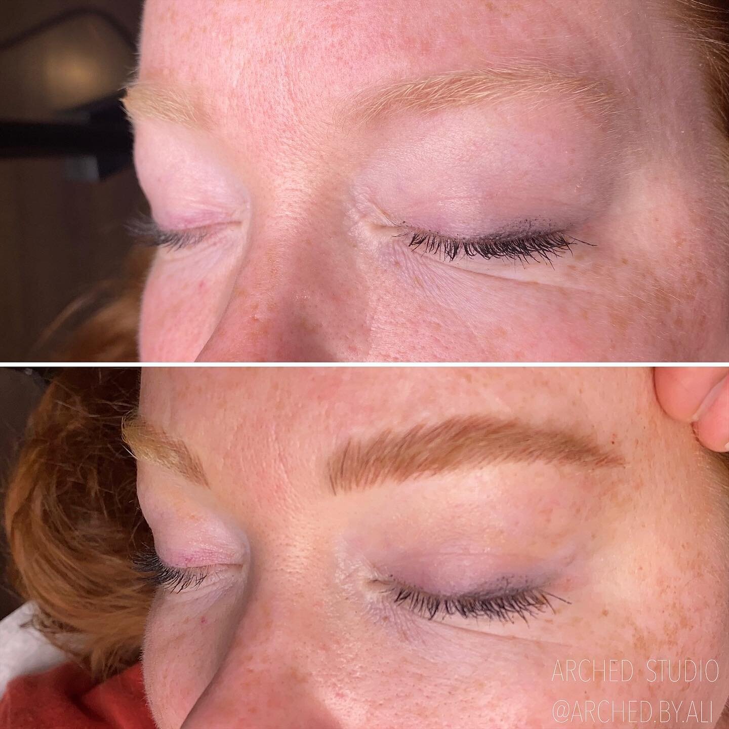 Female enhanced eyebrows that look naturally fluffy, through nicroblading services at ARCHED Coastal in Gulf Shores, Alabama.