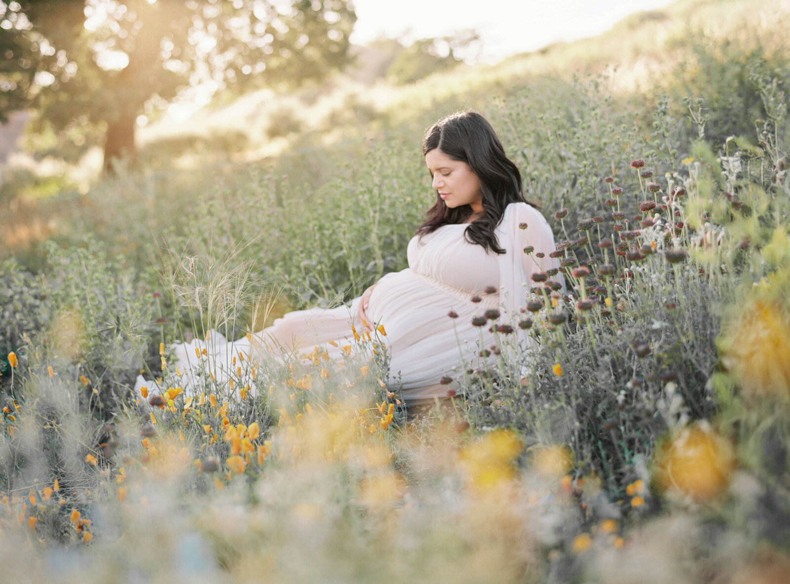 Woman sitting on a hillside with wildflowers for maternity photos in San Francisco