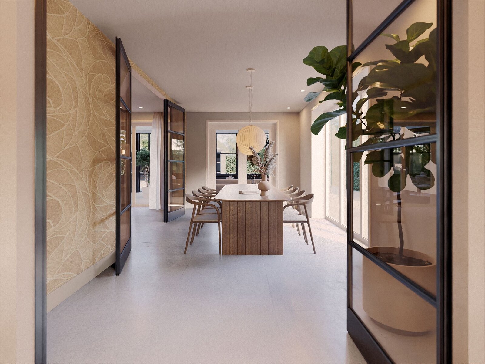 BOU Living Interieur 3D Renders Project Castricum Eetkamer inkijkje stalen deuren