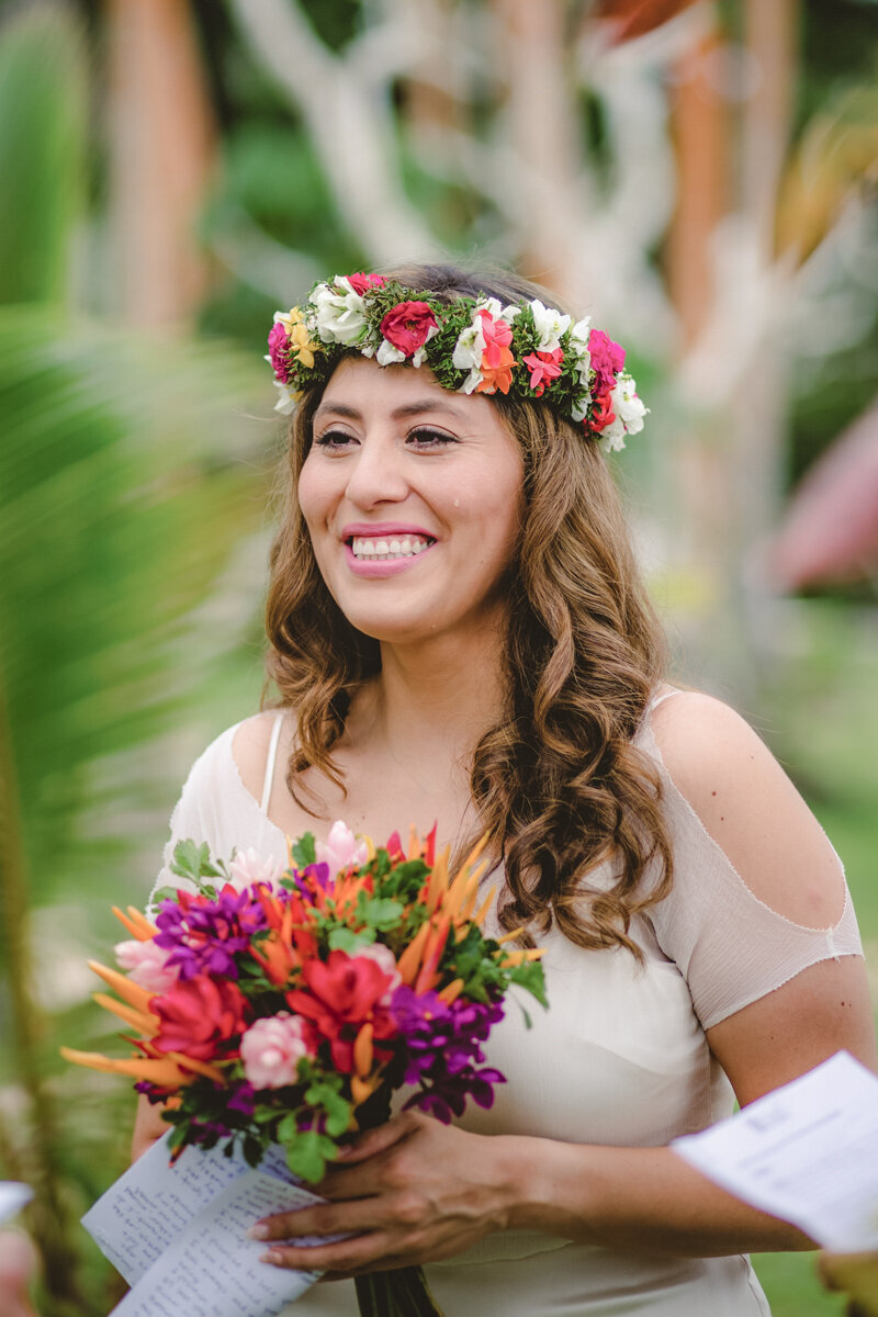 bride crying in tropical wedding