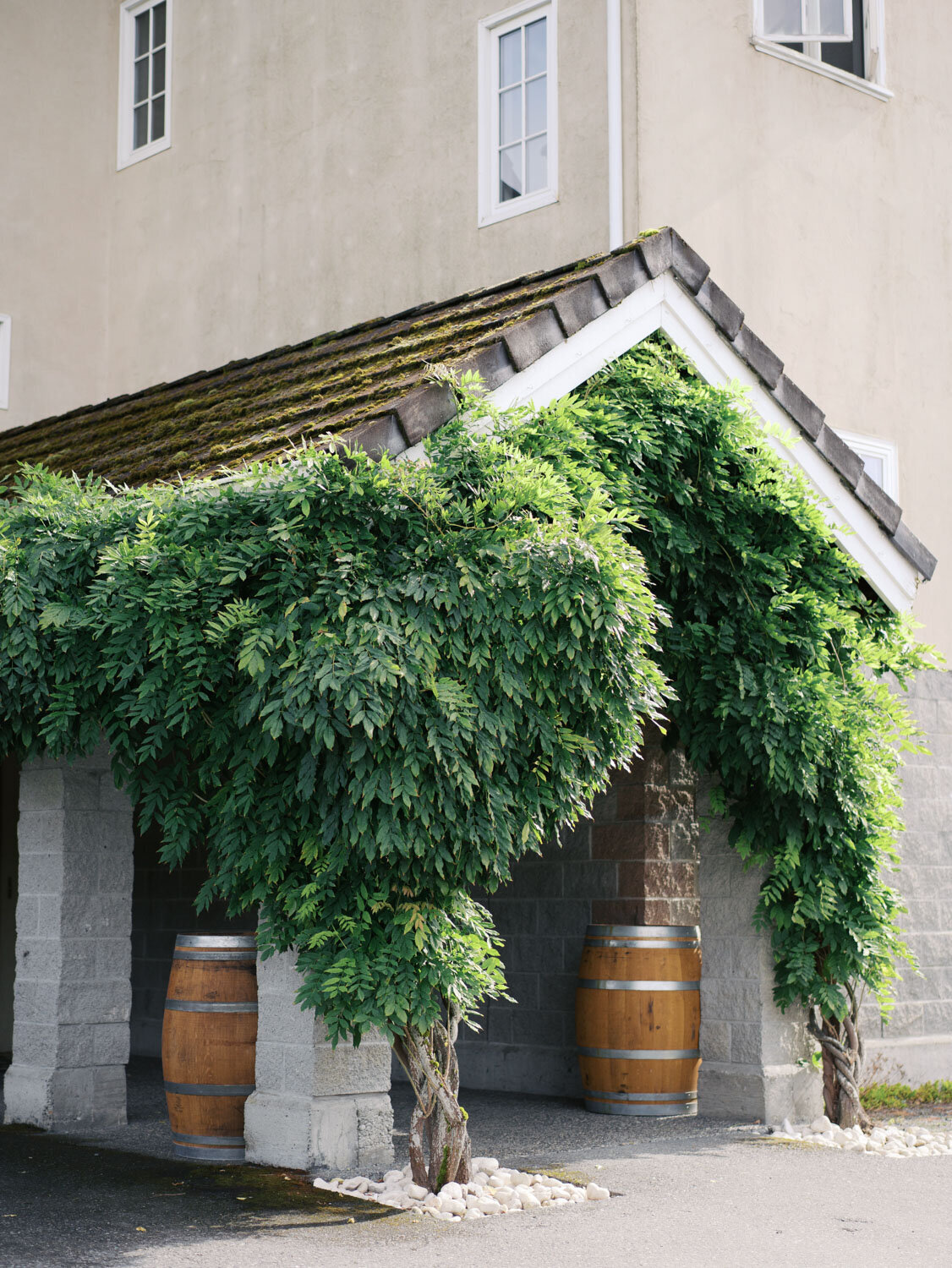 Winery entrance with greenery-draped archway