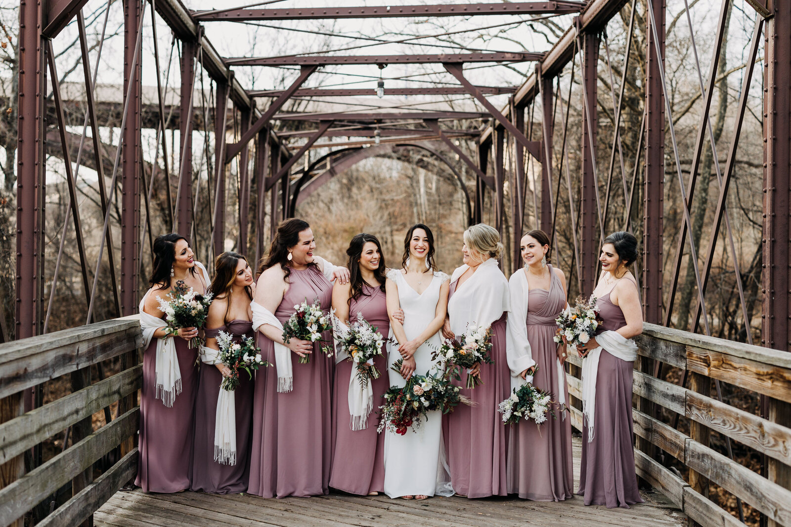 bridesmaids on bridge