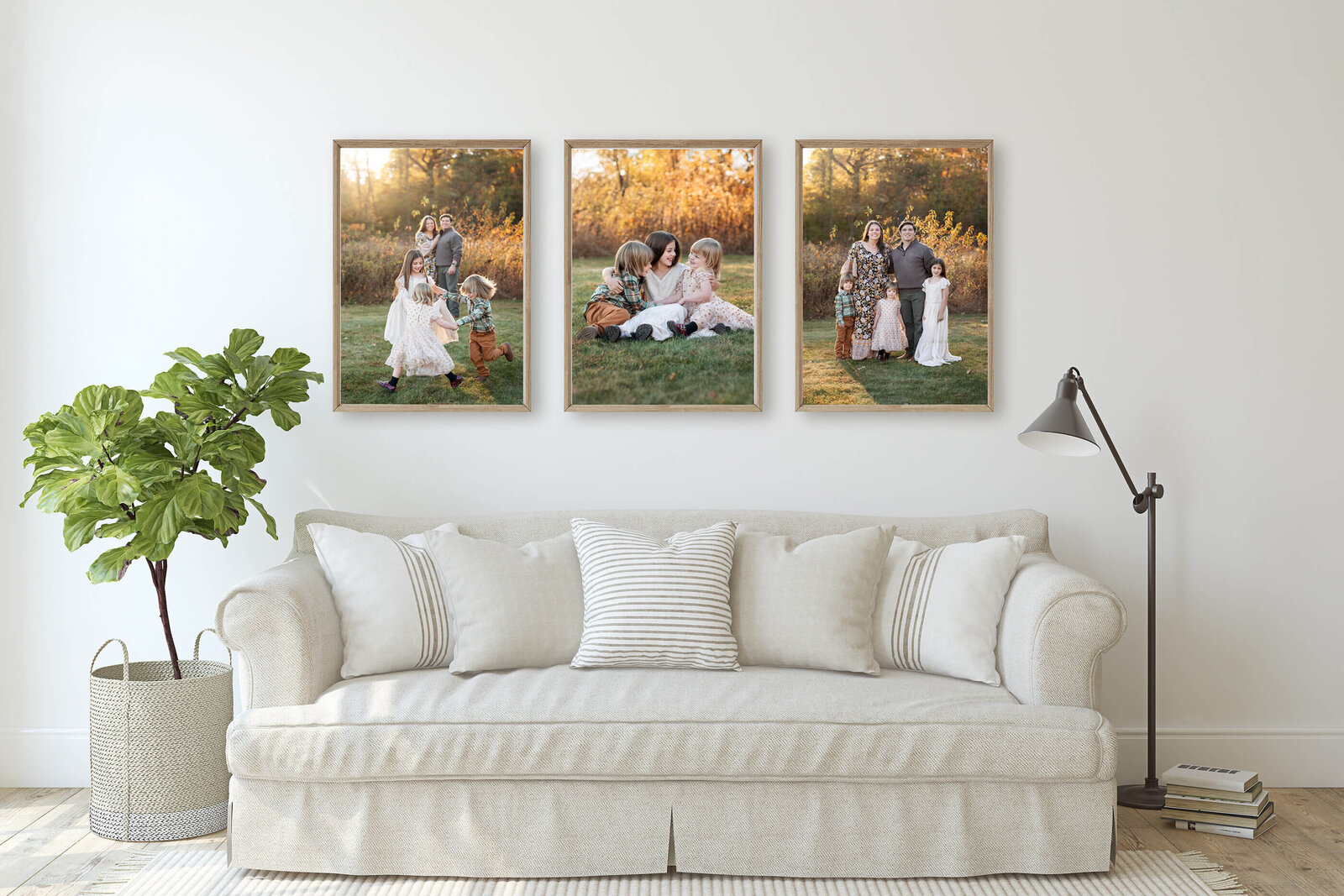 Three canvases over a couch, each with photos of the family from their NJ family photography session