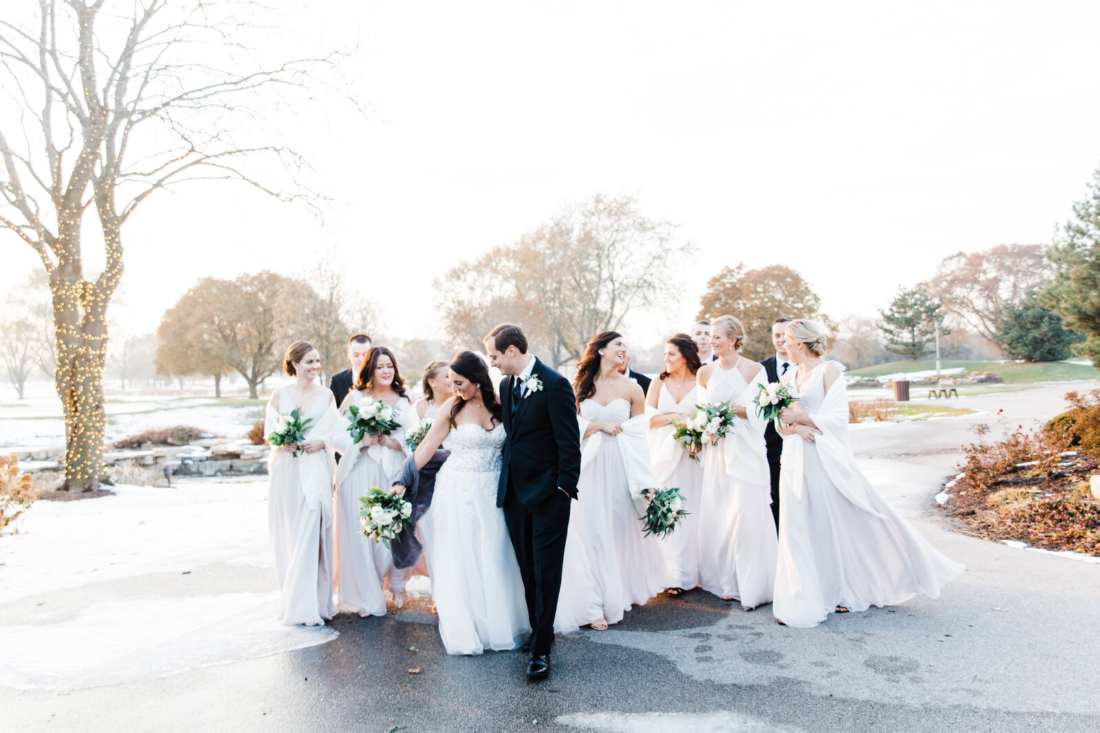 wedding party walking in the park chiago wedding photographer chevy chase golf club wedding in winter