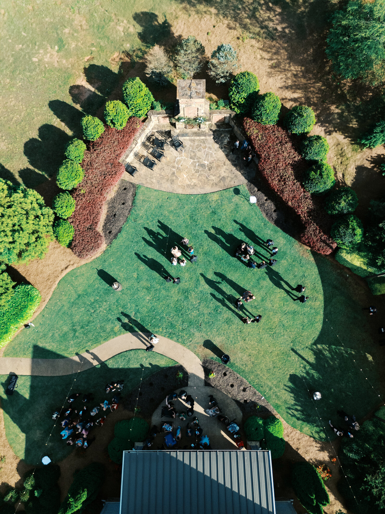 Aerial drone photography of wedding cocktail hour at Yonah Mountain Vineyard in north Georgia