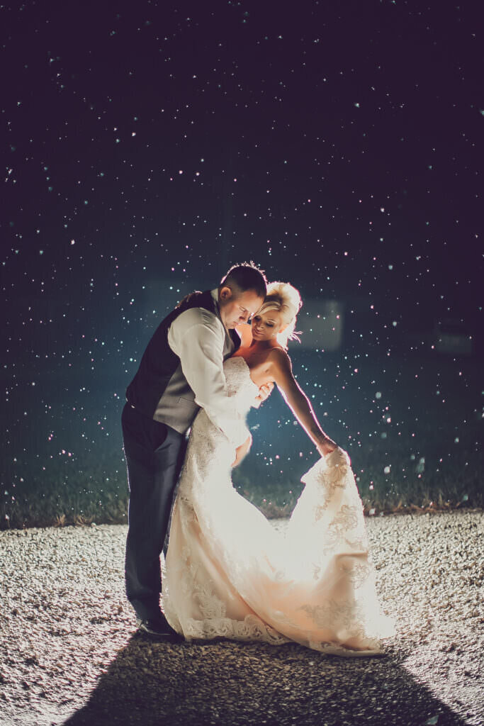 Rainy Wedding Day Light Up from Behind Shot