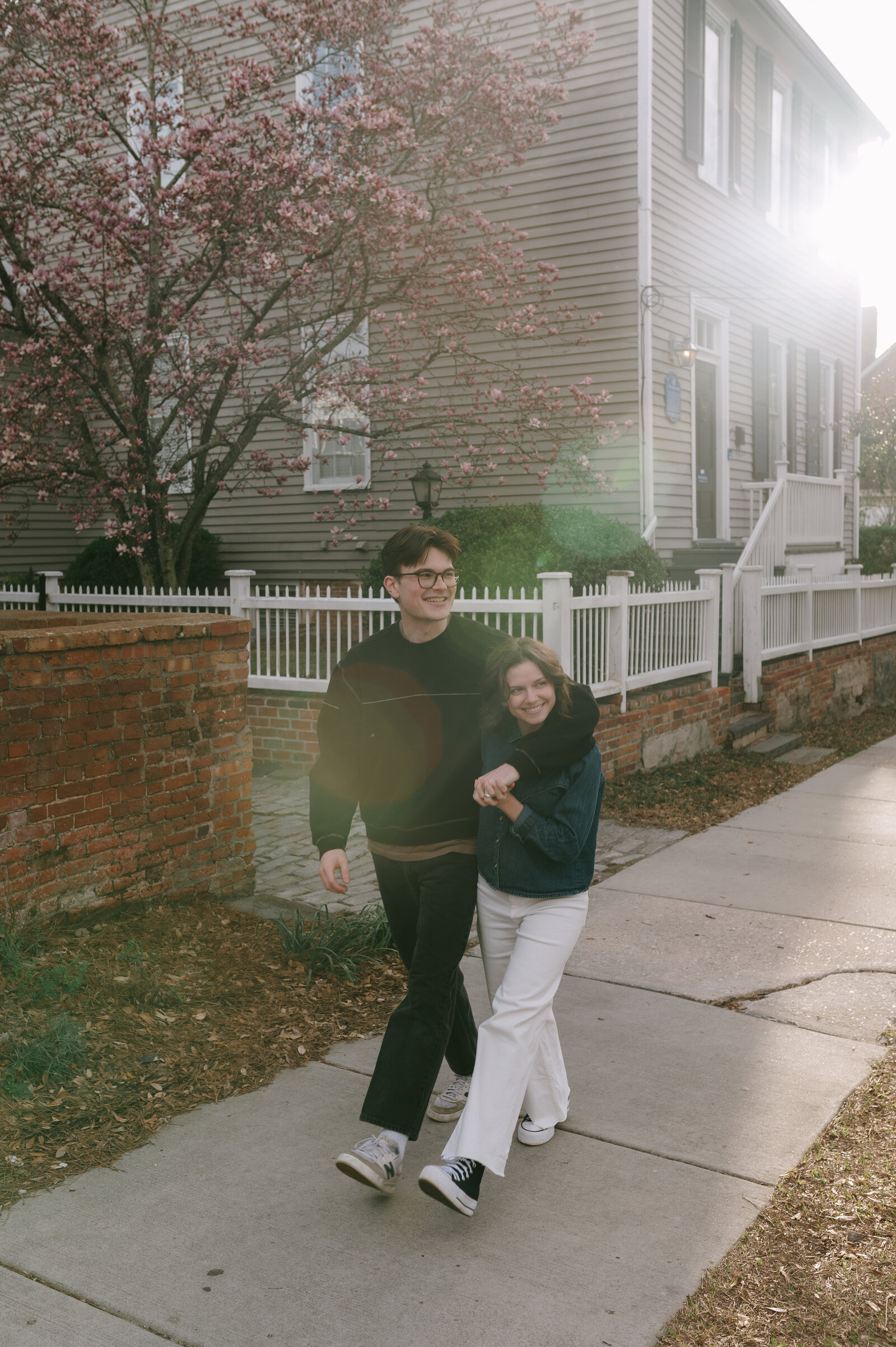 Exploring downtown Wilmington NC with couple in spring, digital and film photographer