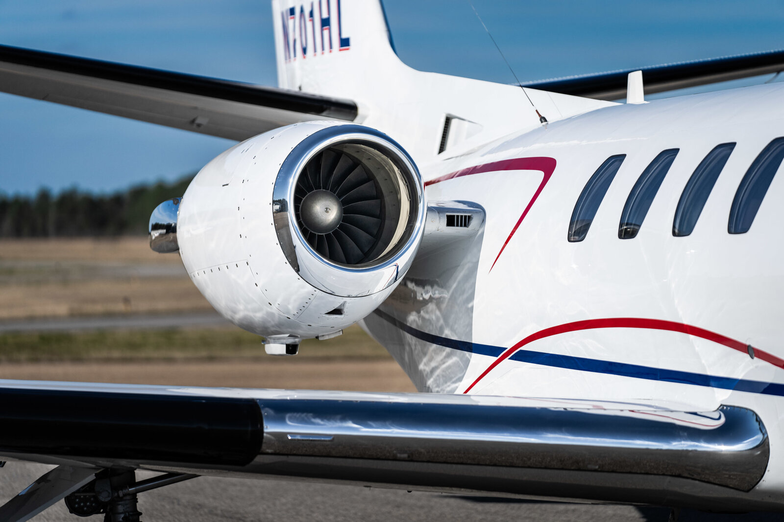 Close-up of jet engine for aircraft brokerage listing