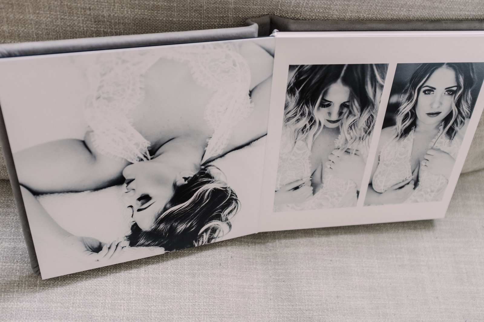 A flush mount boudoir album in black and white