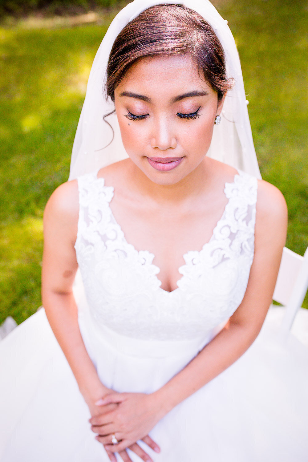 Bride portrait in wedding dress with bridal makeup at The Clearing Shedden near London Ontario.