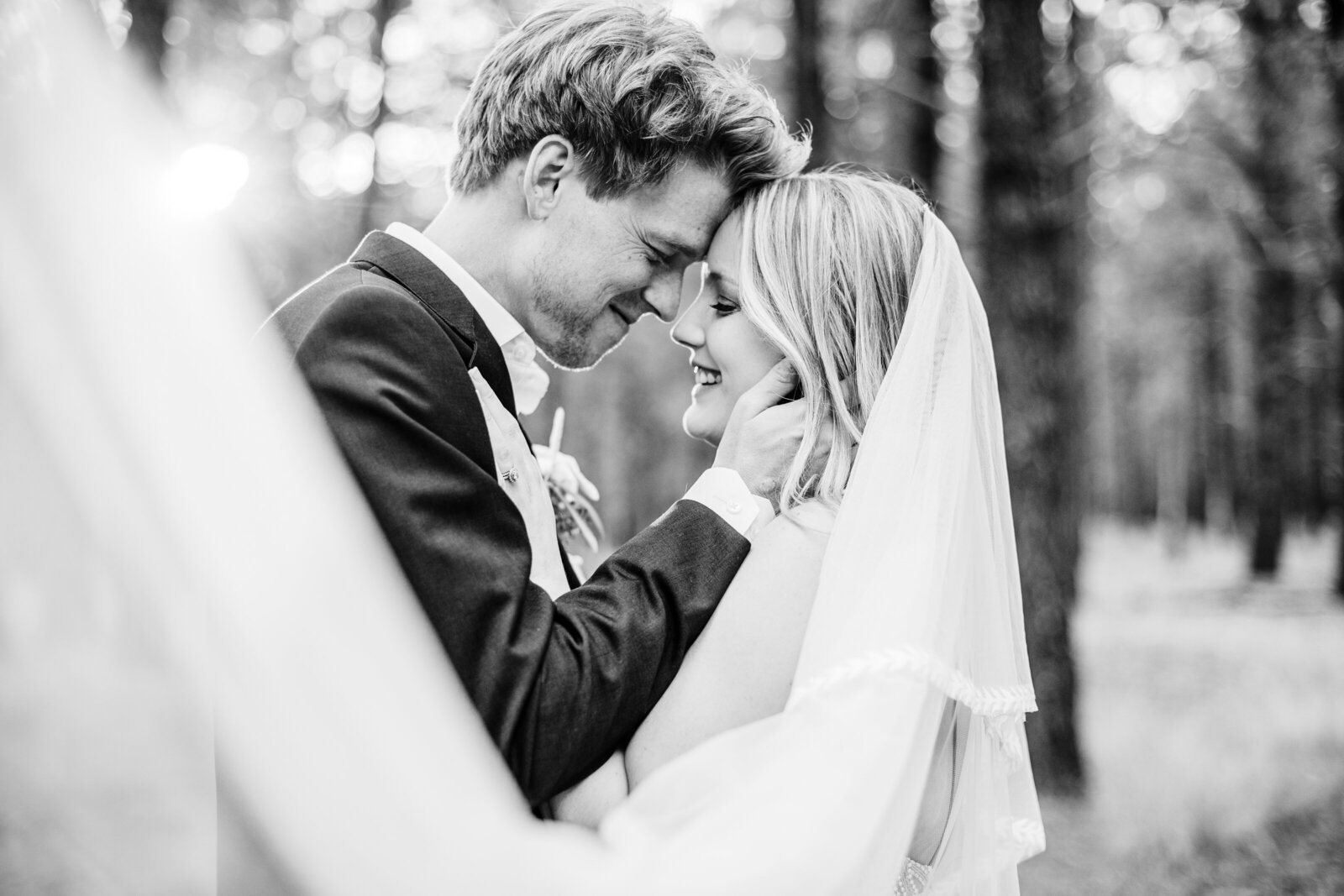 Julia Romano Photography Serendipity Venue Flagstaff bride groom black white veil pine trees