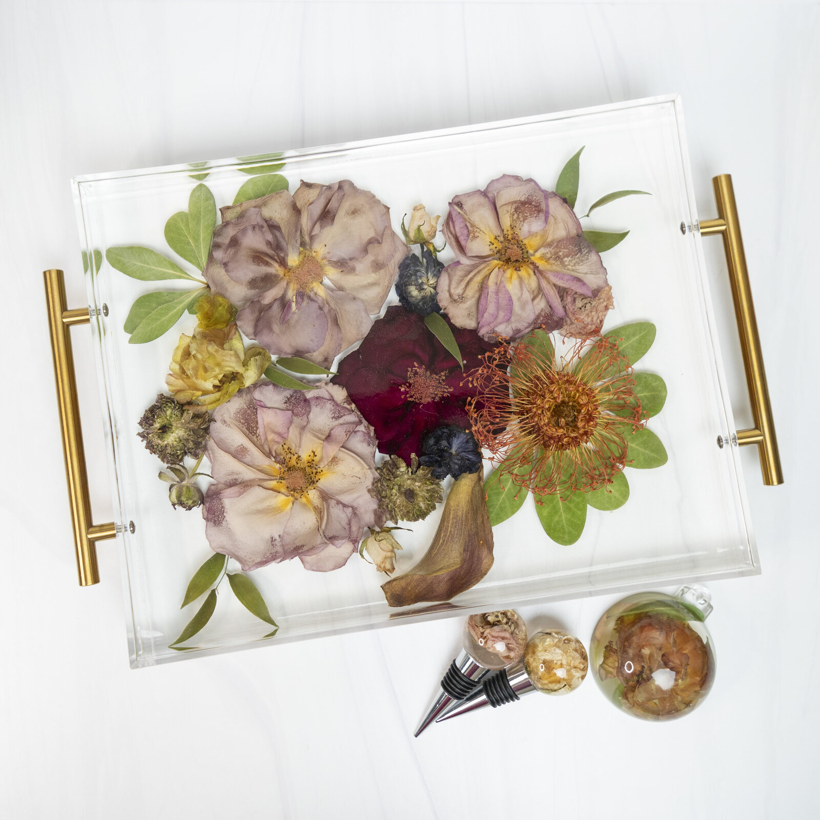 tray gold ornament stopper pink red green yellow protea lily MaryH