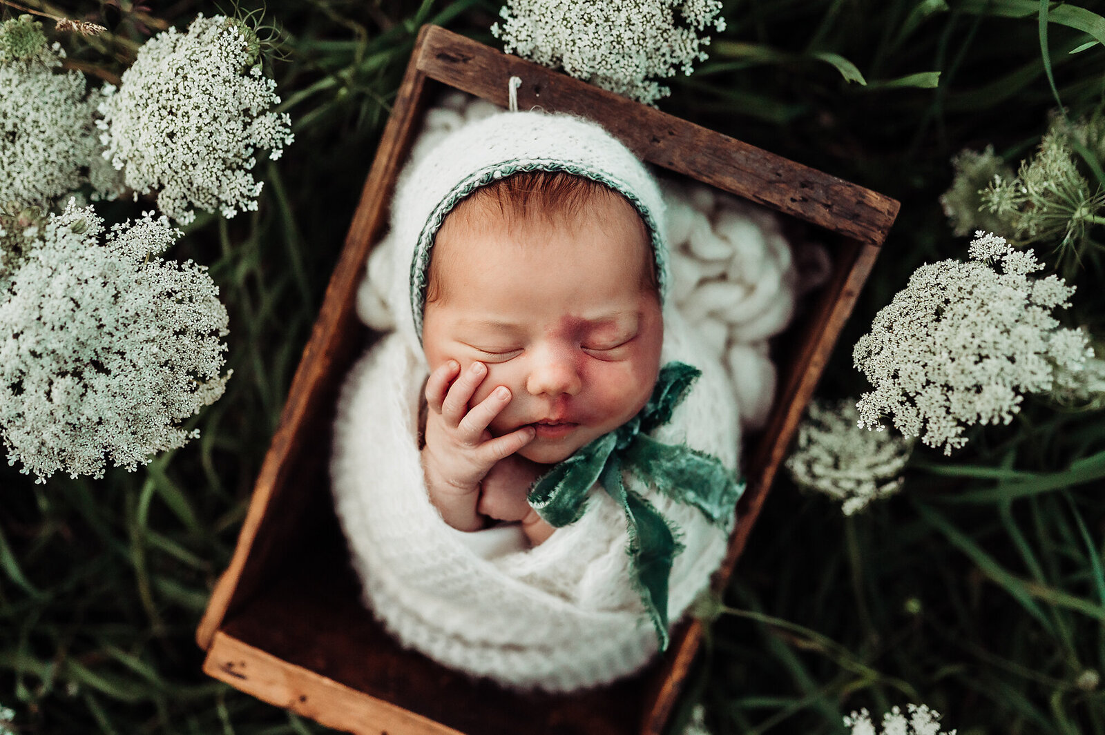 Newborn Baby Girl with velvet tie bonnet