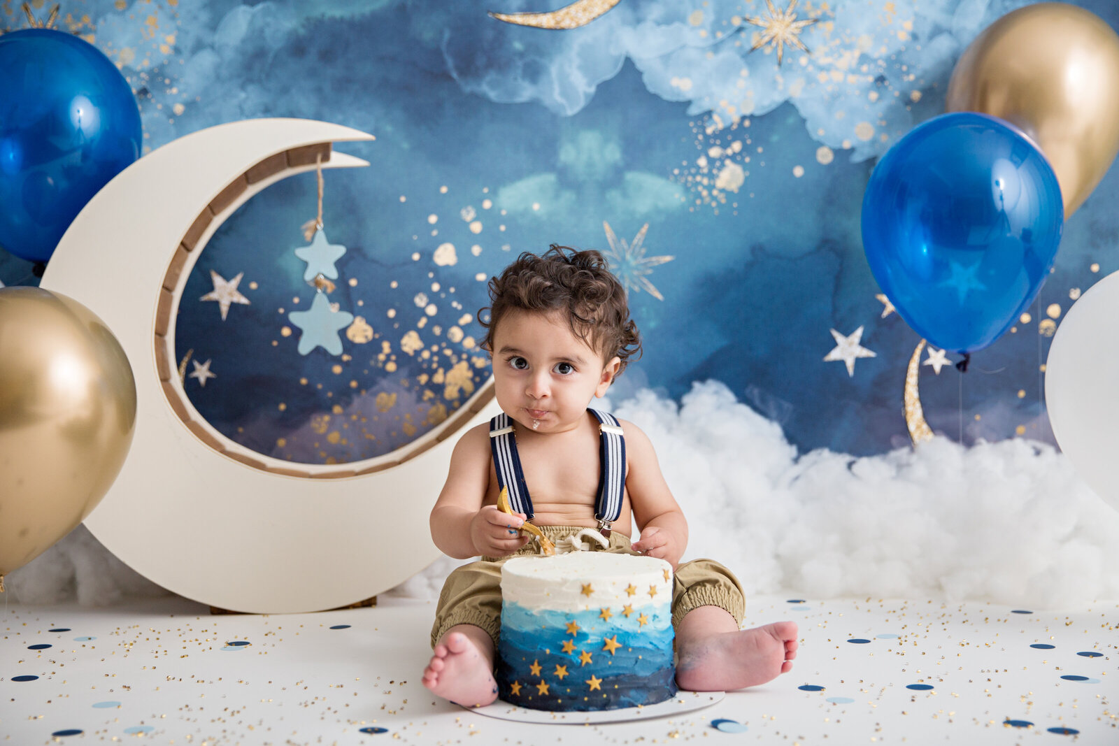 baby boy cake smash moon and stars